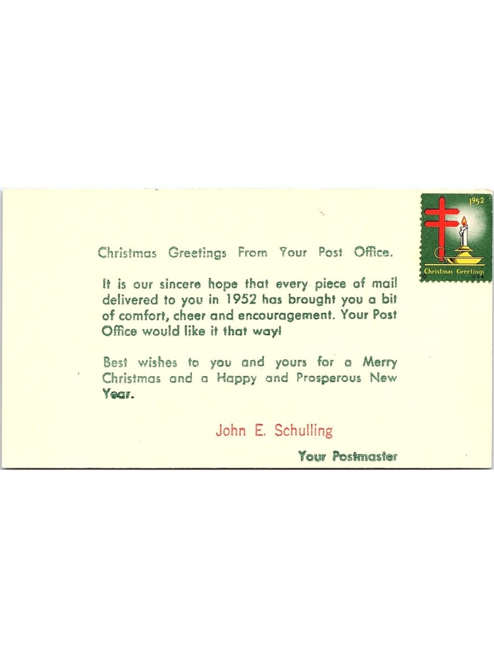 Vintage 1952 Christmas Greetings From Your Post Office Postcard John E Schulling